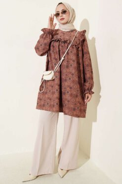 Alternative view of Ruffled Shoulder Patterned Tunic Tan
