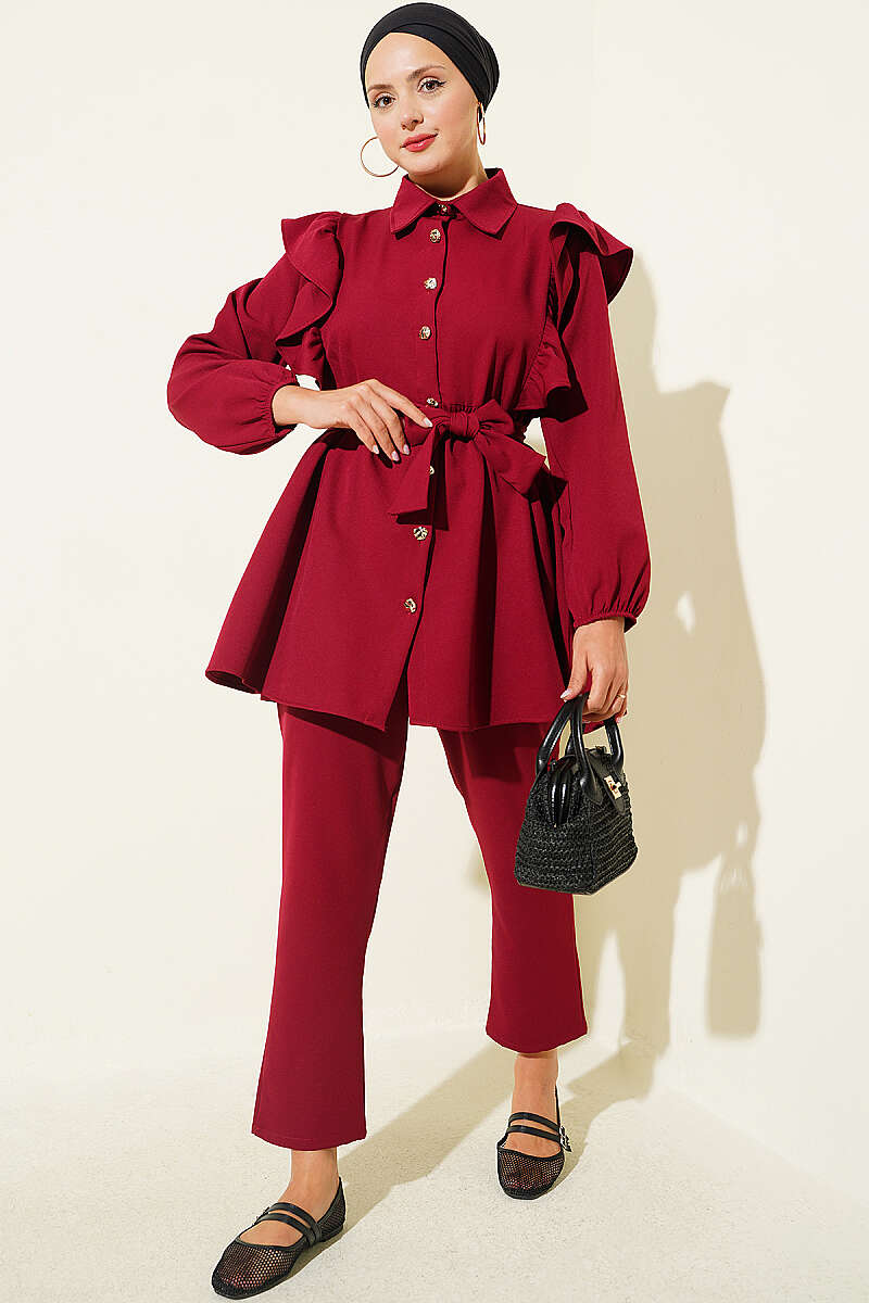 Buttoned Two-Piece Set with Ruffled Shoulder Detail Burgundy