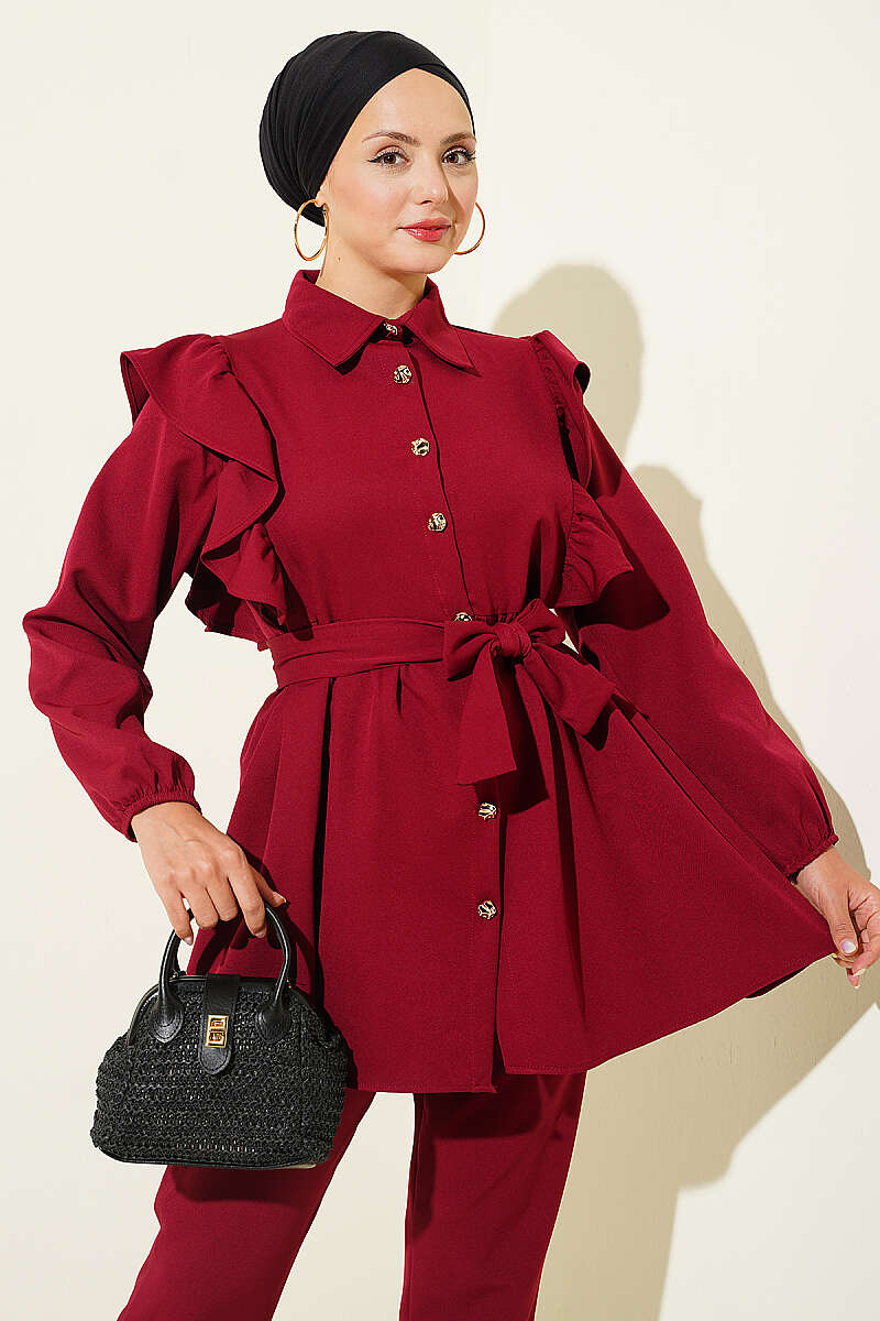 Buttoned Two-Piece Set with Ruffled Shoulder Detail Burgundy - Image 2