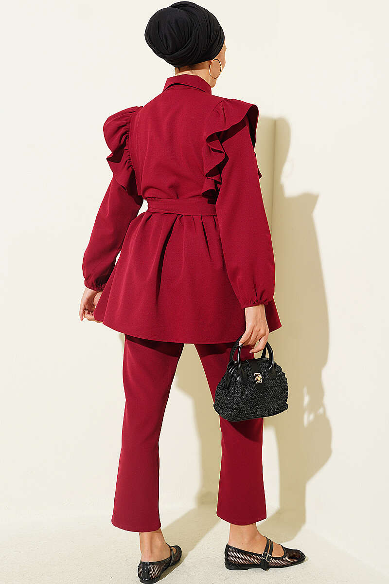 Buttoned Two-Piece Set with Ruffled Shoulder Detail Burgundy - Image 3