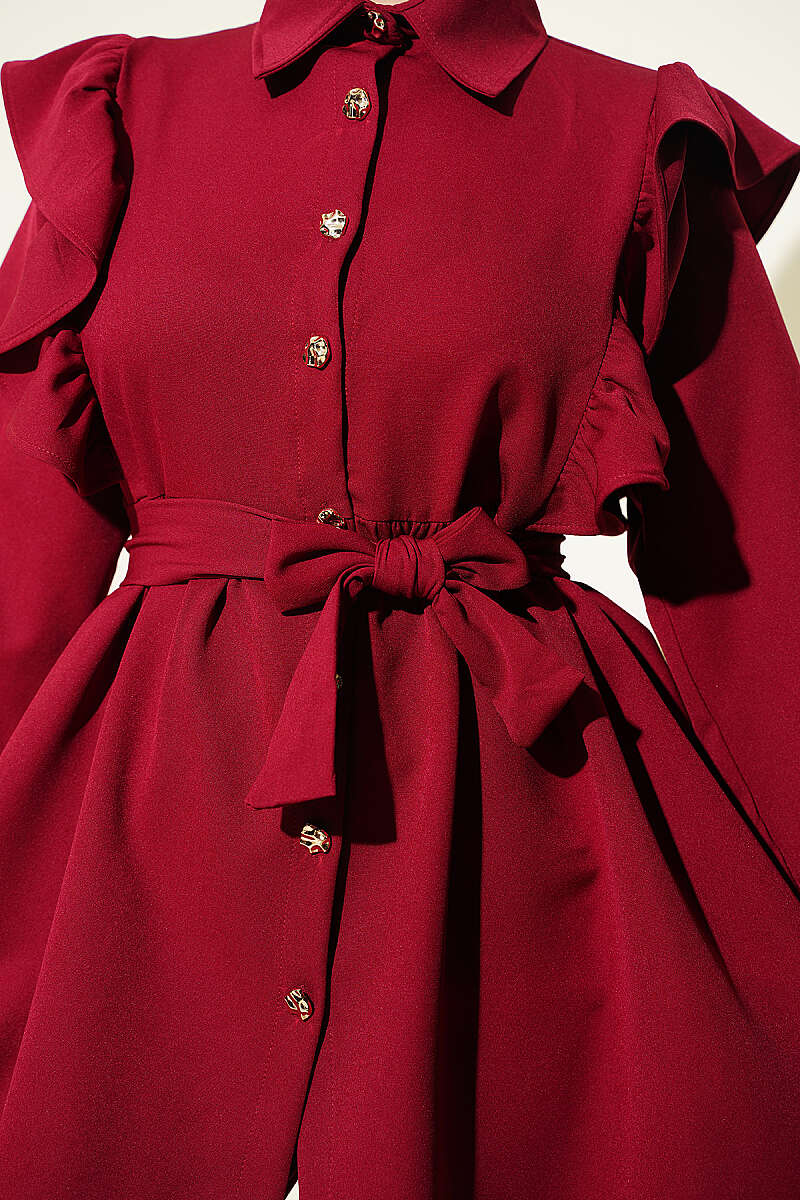 Buttoned Two-Piece Set with Ruffled Shoulder Detail Burgundy - Image 4