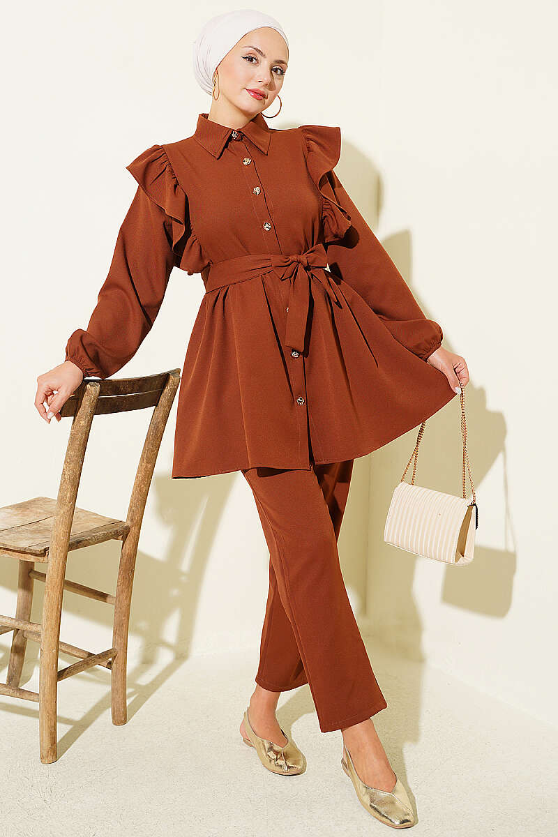 Buttoned Two-Piece Set with Ruffled Shoulder Detail Brown
