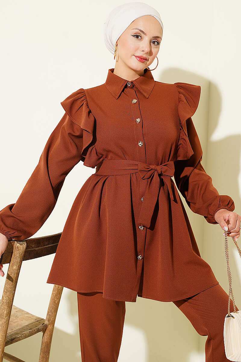 Buttoned Two-Piece Set with Ruffled Shoulder Detail Brown - Image 2