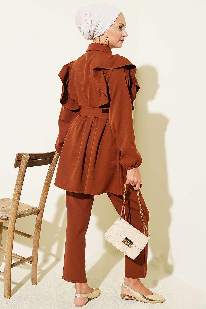 Buttoned Two-Piece Set with Ruffled Shoulder Detail Brown - Image 3