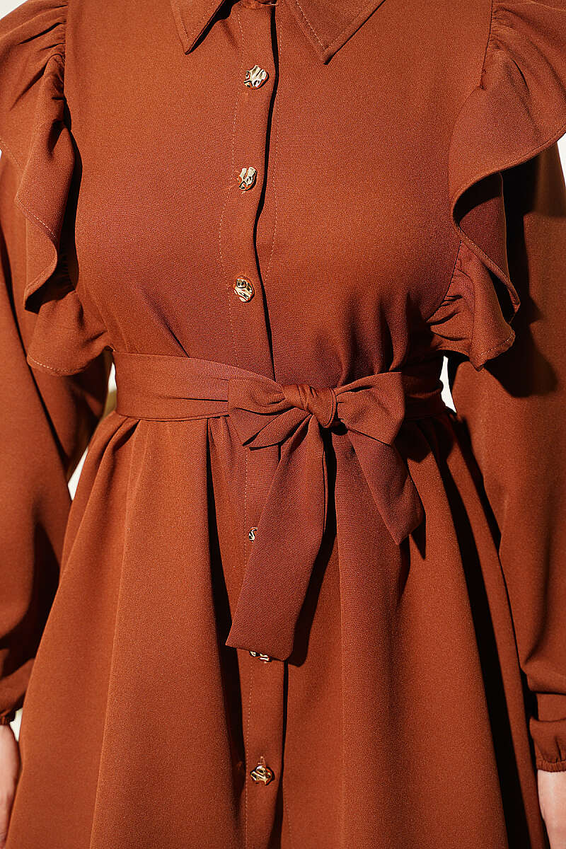 Buttoned Two-Piece Set with Ruffled Shoulder Detail Brown - Image 4