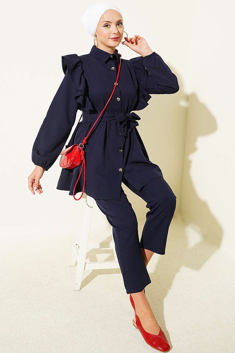 Buttoned Two-Piece Set with Ruffled Shoulder Detail Navy Blue
