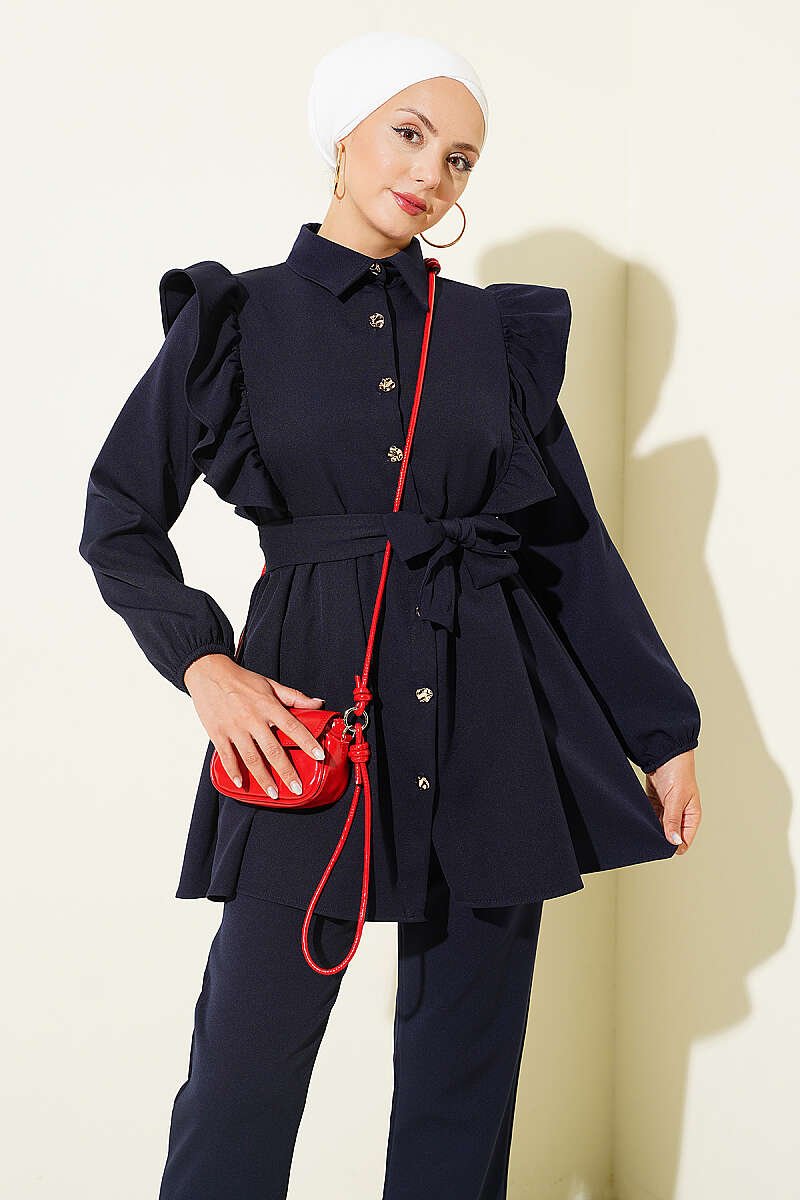 Buttoned Two-Piece Set with Ruffled Shoulder Detail Navy Blue - الصورة 2