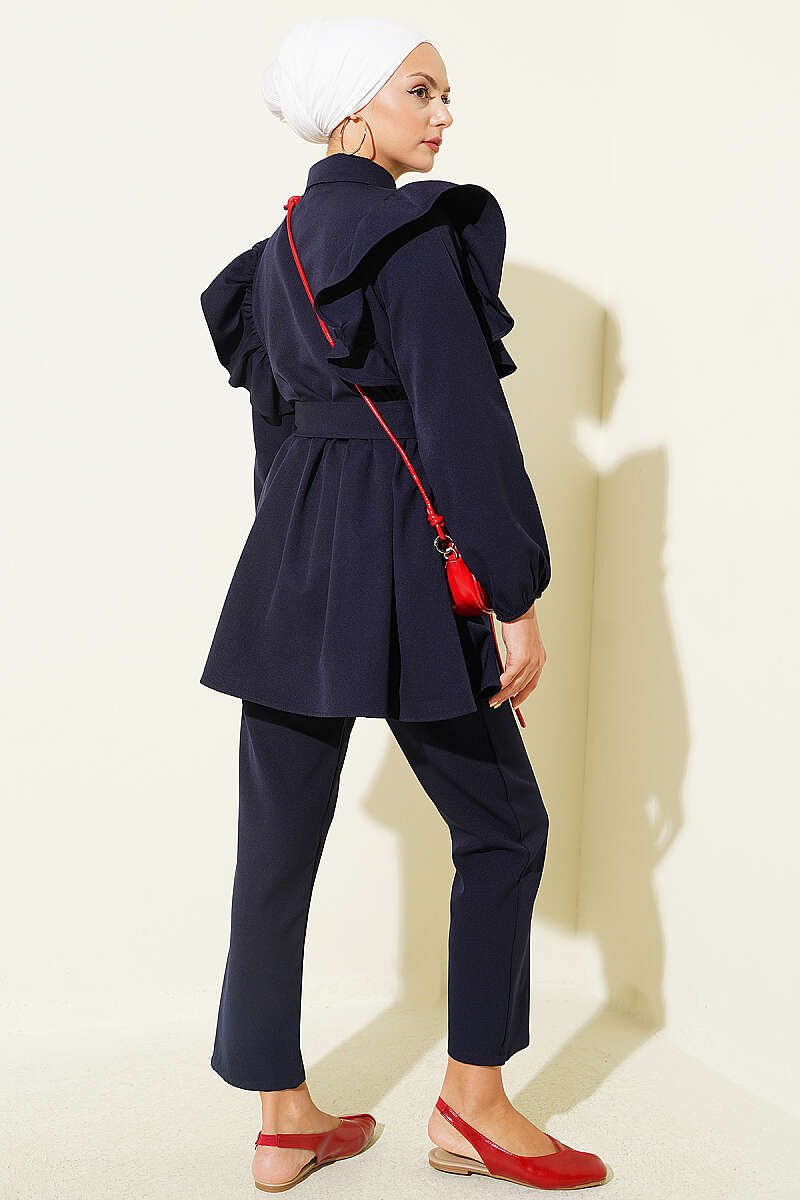 Buttoned Two-Piece Set with Ruffled Shoulder Detail Navy Blue - الصورة 3