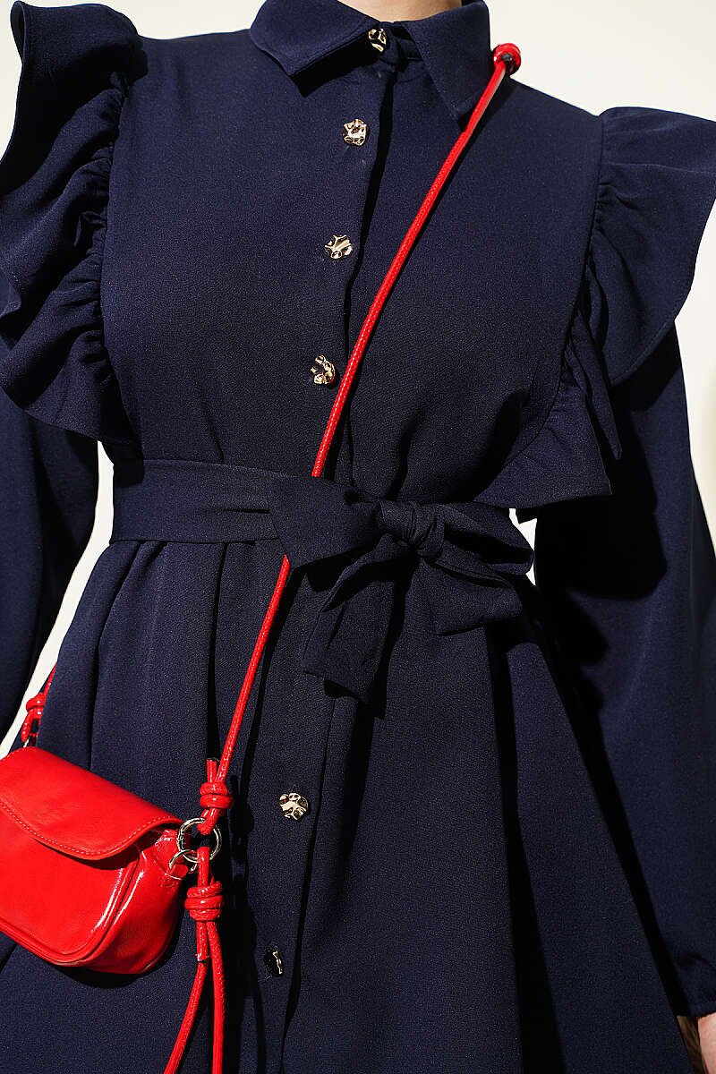 Buttoned Two-Piece Set with Ruffled Shoulder Detail Navy Blue - الصورة 4