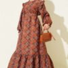Ruffled Shoulder Square Pattern Dress Camel