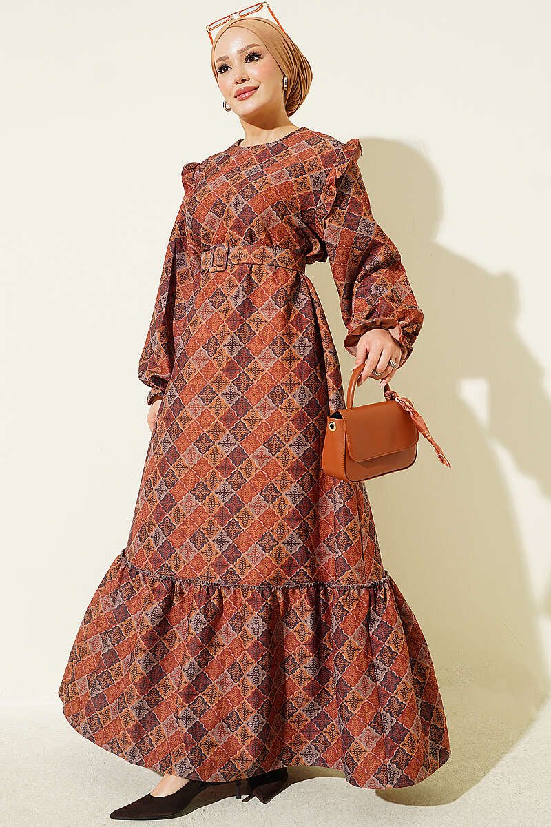 Ruffled Shoulder Square Pattern Dress Camel