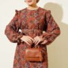 Ruffled Shoulder Square Pattern Dress Camel – Image 2