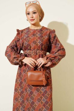 Alternative view of Ruffled Shoulder Square Pattern Dress Camel