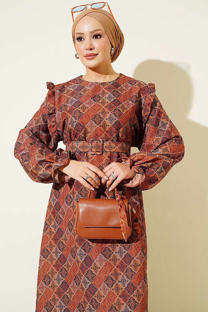 Ruffled Shoulder Square Pattern Dress Camel – Image 2