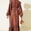 Ruffled Shoulder Square Pattern Dress Camel – Image 3