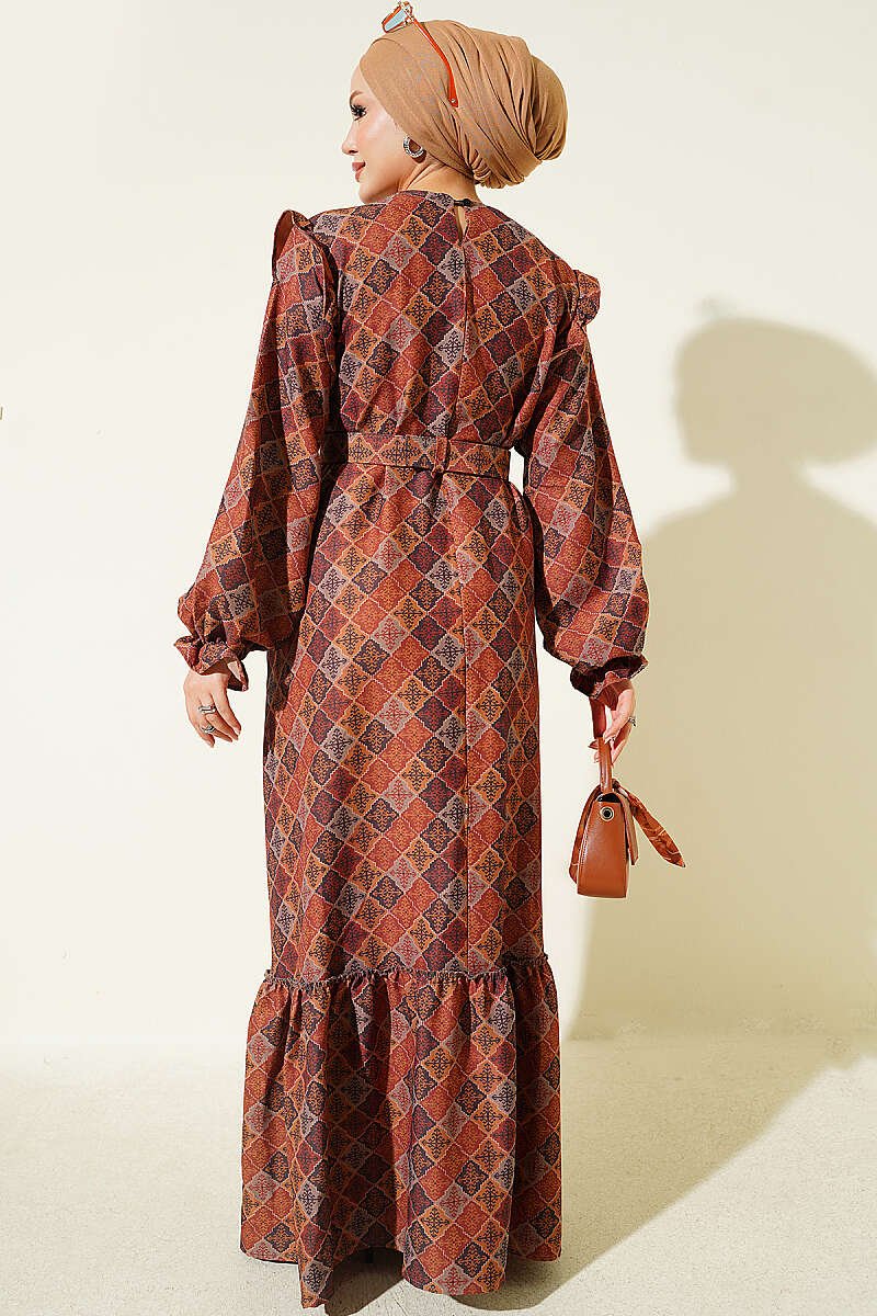 Ruffled Shoulder Square Pattern Dress Camel – Image 3