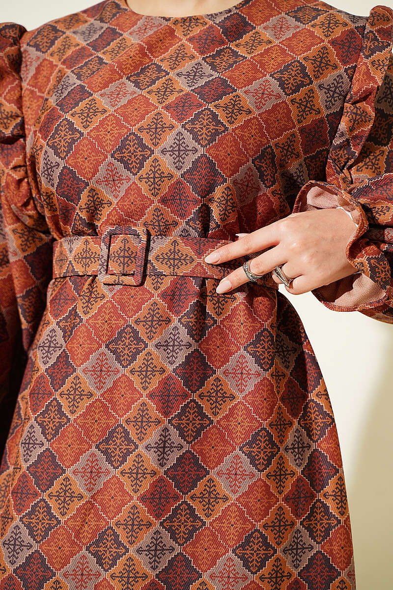 Ruffled Shoulder Square Pattern Dress Camel – Image 4