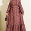 Ruffled Shoulder Square Pattern Dress Purple