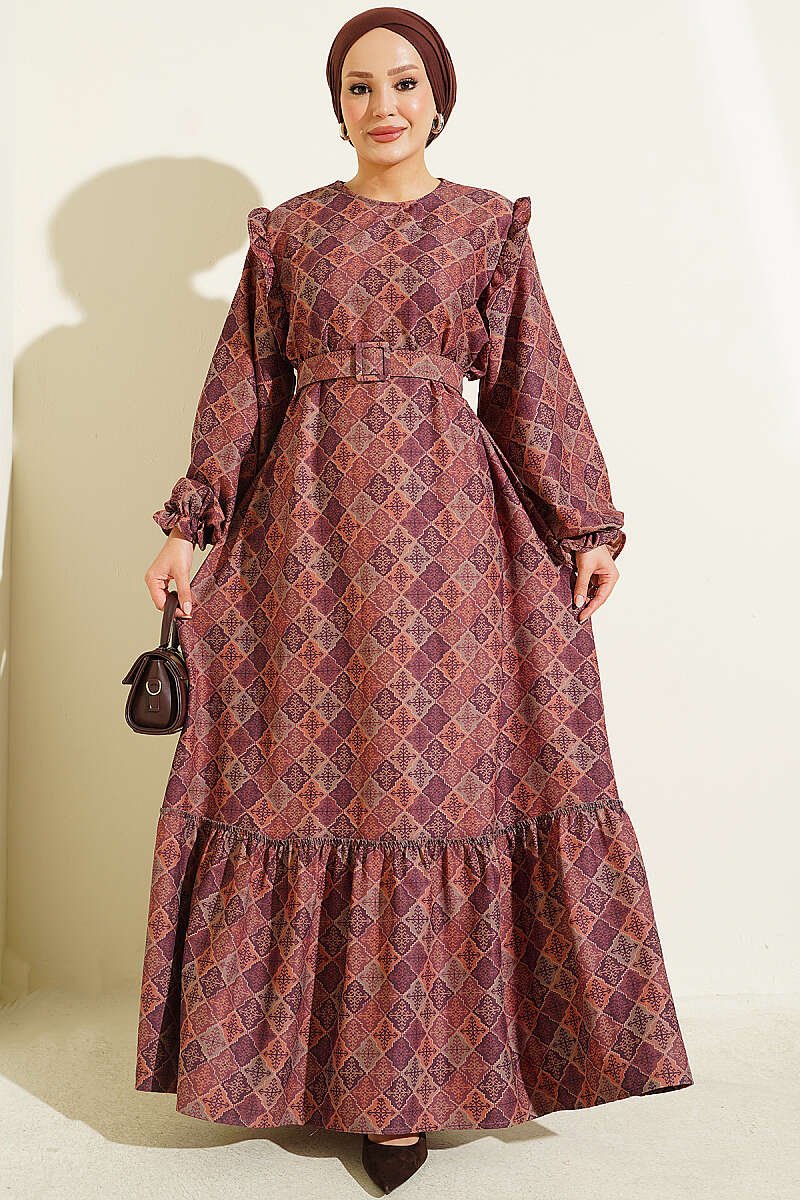 Ruffled Shoulder Square Pattern Dress Purple
