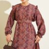 Ruffled Shoulder Square Pattern Dress Purple - Image 2