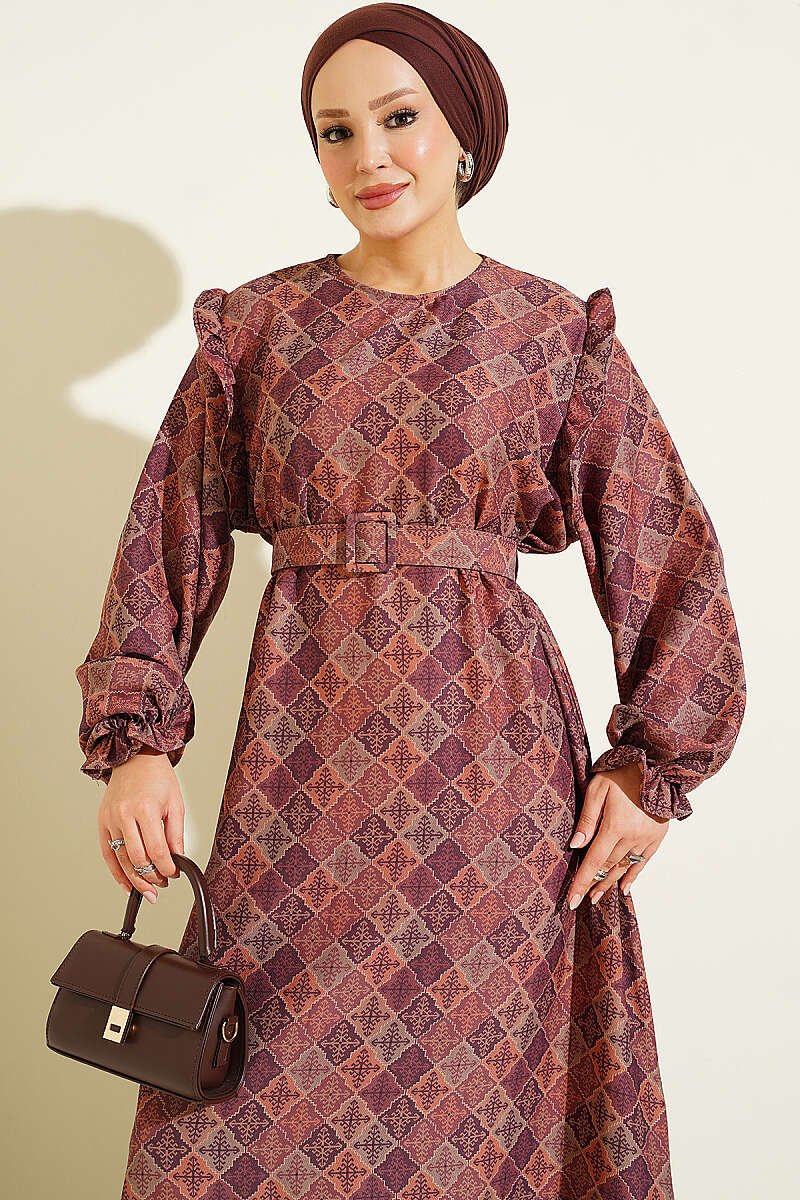 Ruffled Shoulder Square Pattern Dress Purple - Image 2