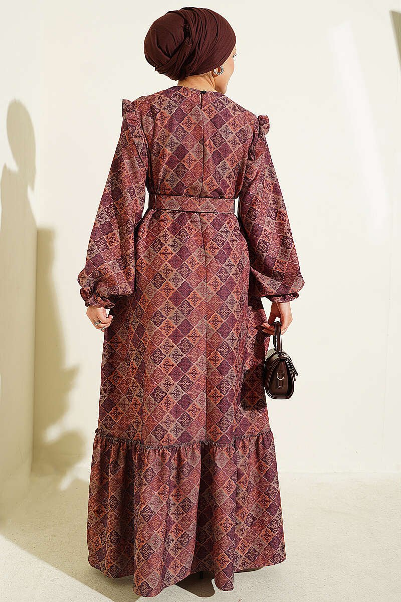 Ruffled Shoulder Square Pattern Dress Purple - Image 3