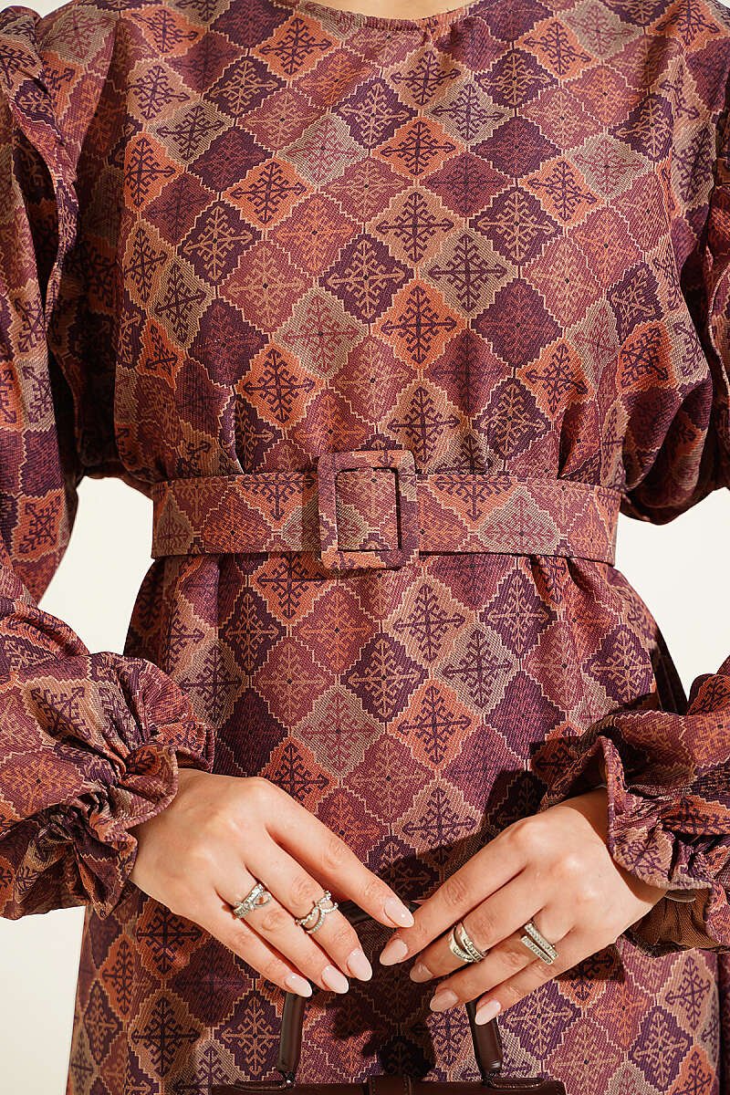 Ruffled Shoulder Square Pattern Dress Purple - Image 4