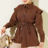 Ruffled Shoulder Belted Shirt Brown