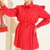 Ruffled Shoulder Belted Shirt Red