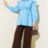 Ruffled Shoulder Belted Shirt Blue – Bild 2