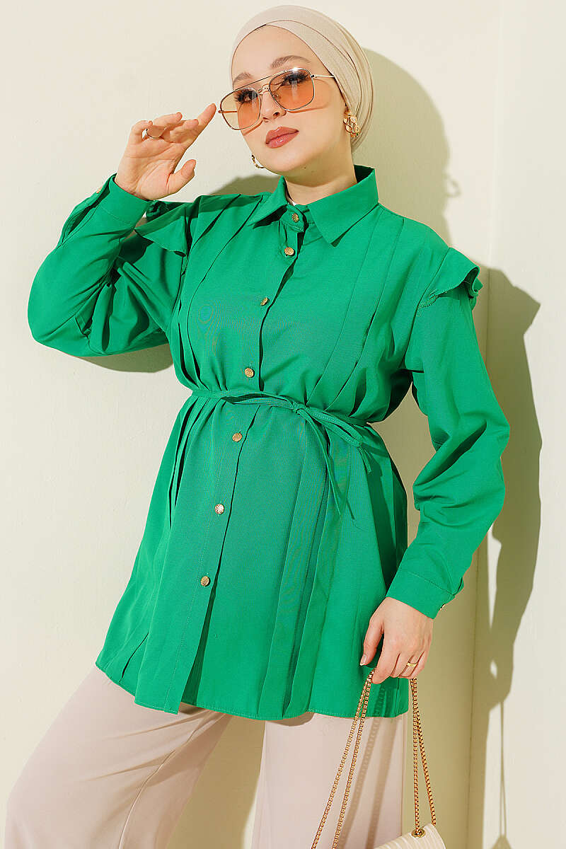 Ruffled Shoulder Belted Shirt Green