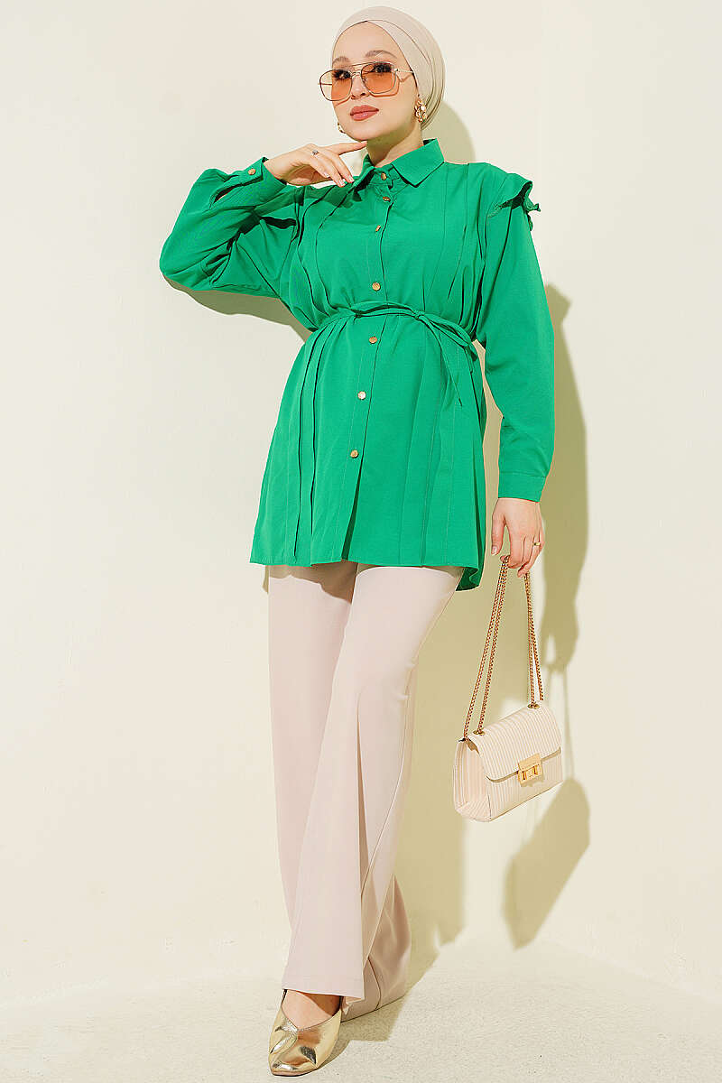 Ruffled Shoulder Belted Shirt Green - immagine 2
