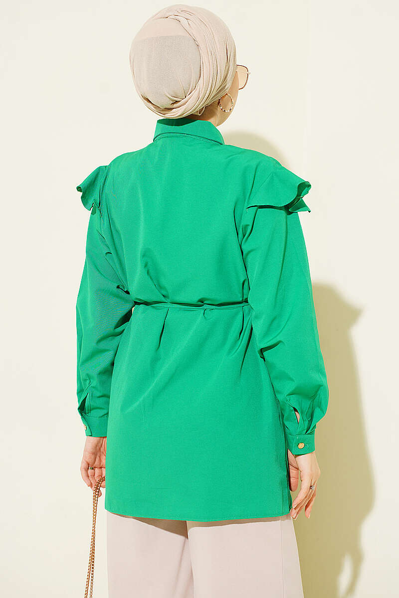 Ruffled Shoulder Belted Shirt Green - immagine 3