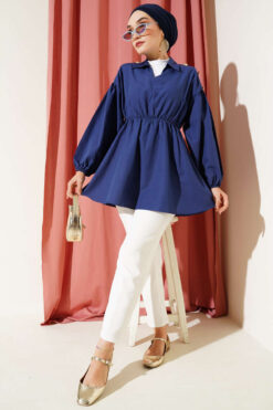 Alternative view of Striped Balloon Sleeve Waist Elastic Tunic Navy Blue