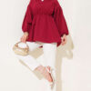 Striped Balloon Sleeve Waist Elastic Tunic Burgundy - Afbeelding 2