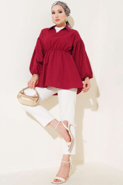 Alternative view of Striped Balloon Sleeve Waist Elastic Tunic Burgundy