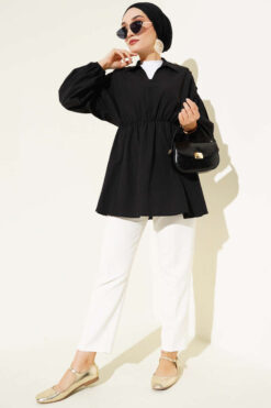 Alternative view of Striped Balloon Sleeve Waist Elastic Tunic Black