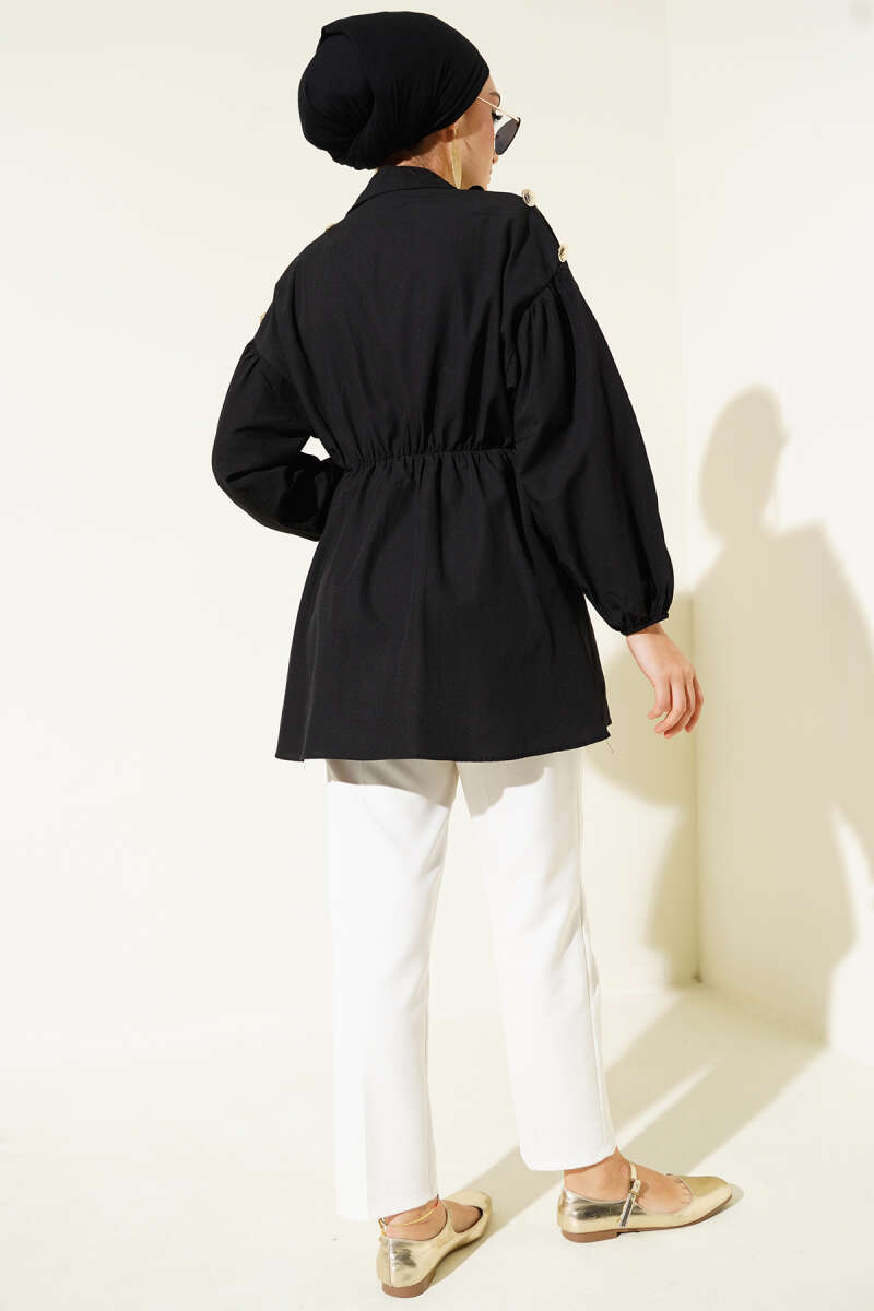Striped Balloon Sleeve Waist Elastic Tunic Black – Image 3