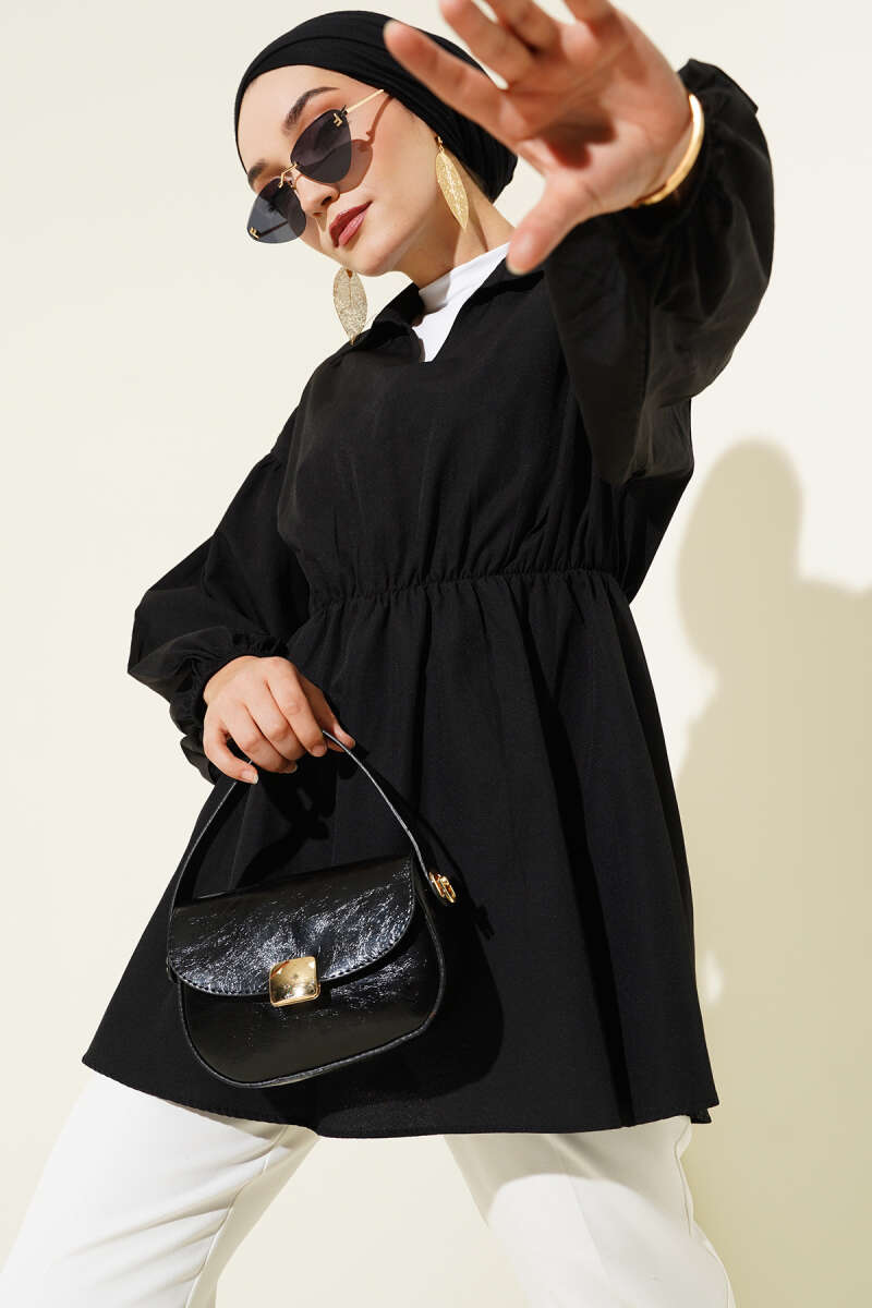 Striped Balloon Sleeve Waist Elastic Tunic Black