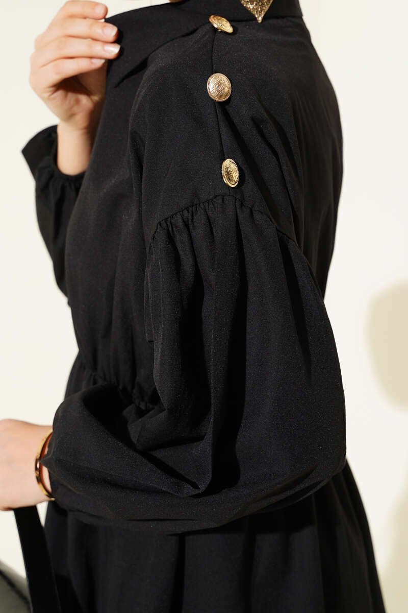 Striped Balloon Sleeve Waist Elastic Tunic Black – Image 4