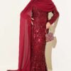 Shoulder Cape Sequin Embellished Evening Dress Burgundy