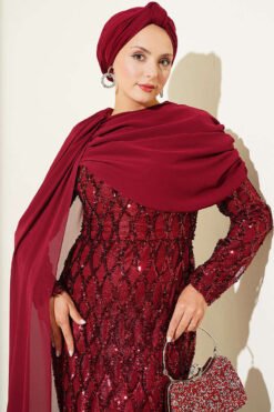 Alternative view of Shoulder Cape Sequin Embellished Evening Dress Burgundy