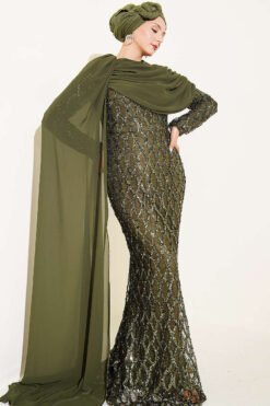 Alternative view of Shoulder Cape Sequin Embellished Evening Dress Khaki