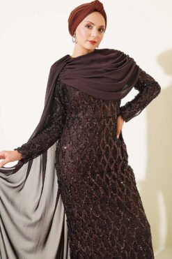 Alternative view of Shoulder Cape Sequin Embellished Evening Dress Brown