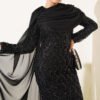 Shoulder Cape Sequin Embellished Evening Dress Black – Image 2