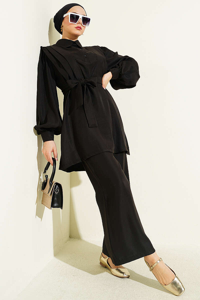 Shoulder Pleated Belted Tencel Two-Piece Set Black