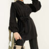 Shoulder Pleated Belted Tencel Two-Piece Set Black – Image 2