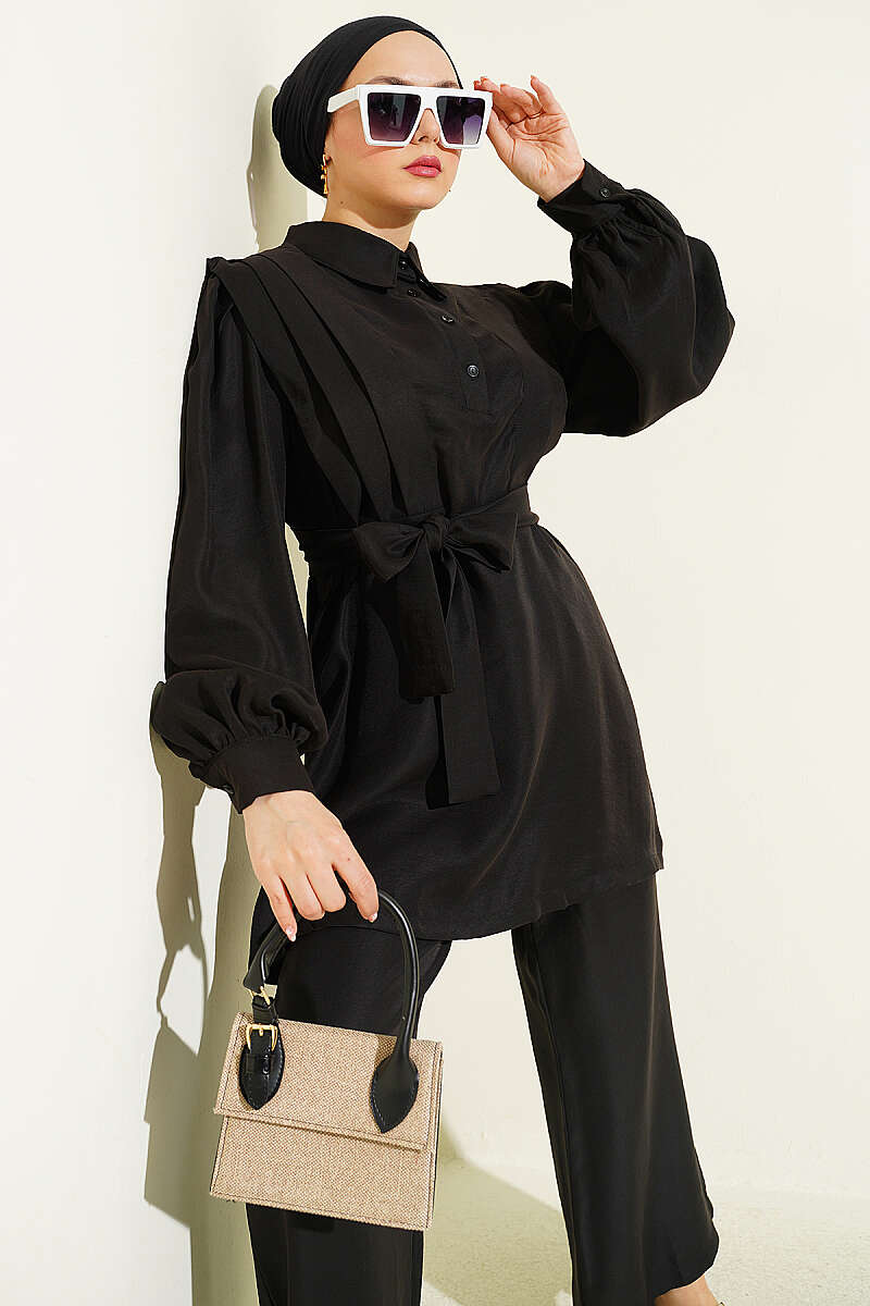 Shoulder Pleated Belted Tencel Two-Piece Set Black – Image 2