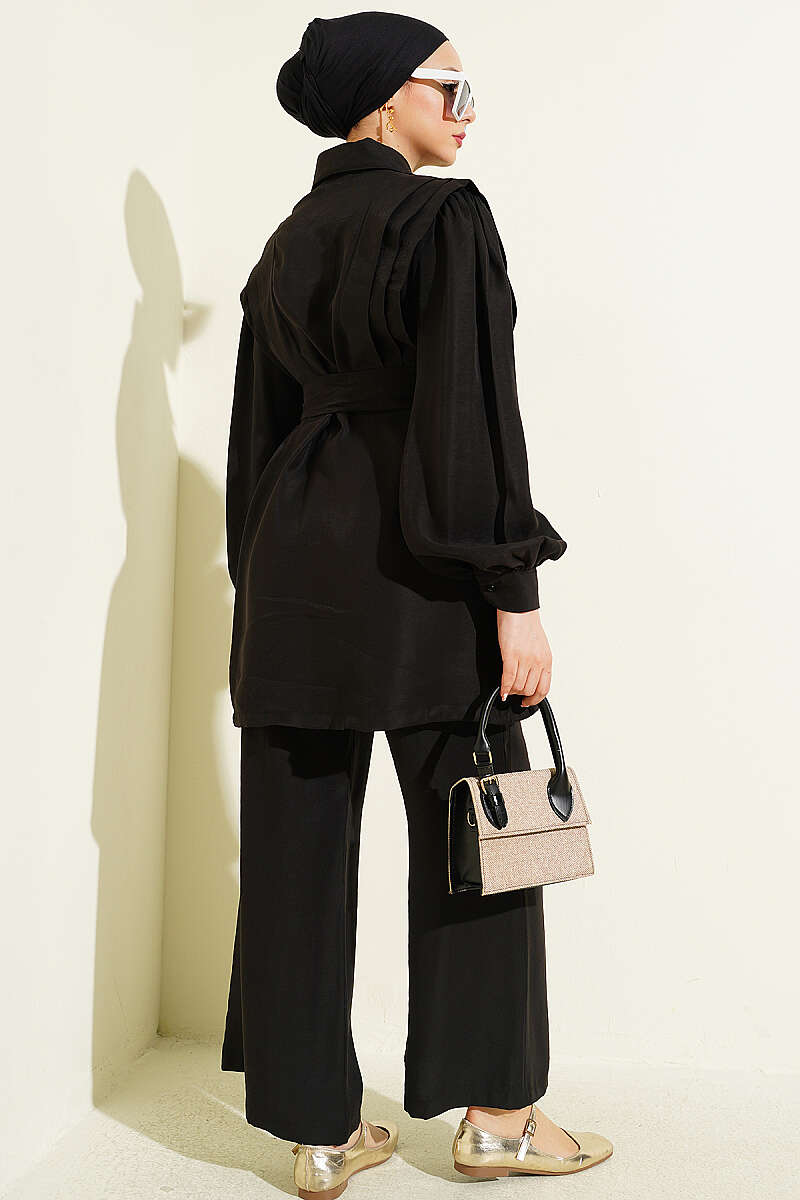 Shoulder Pleated Belted Tencel Two-Piece Set Black – Image 3