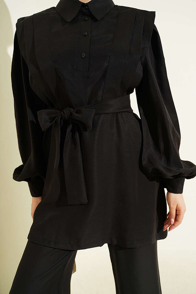 Shoulder Pleated Belted Tencel Two-Piece Set Black – Image 4